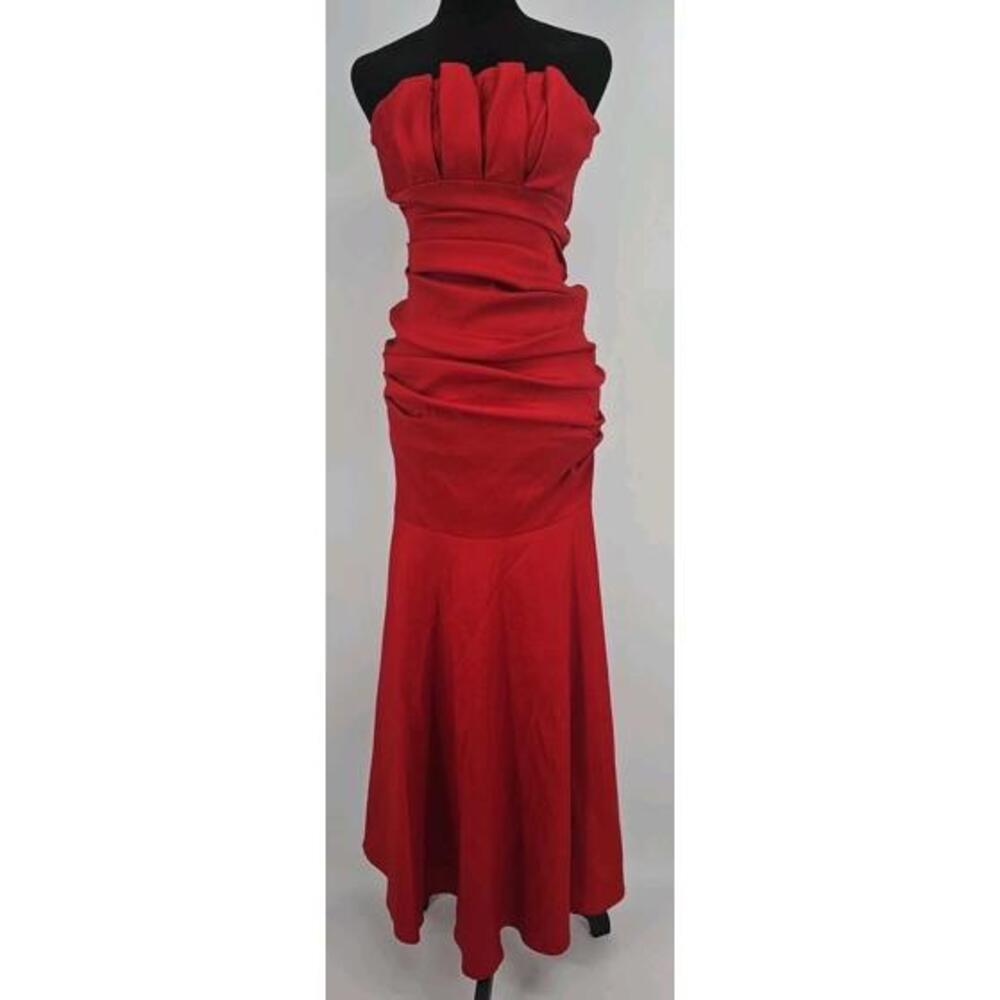 Vintage Cache Prom Dress Maxi Gown 90s Y2K Mermaid Goth Red Ruched Bodice  4
